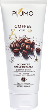 PIJMO Coffee Vibes odżywcze masło do ciała, biała tuba z kawowymi ziarnami. Antycellulitowe, z naturalnym ekstraktem kawy. Widok przód.