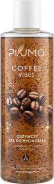 Przezroczysta butelka żelu PIUMO Coffee Vibes, etykieta z ziarnami kawy i białym napisem, widok z przodu.