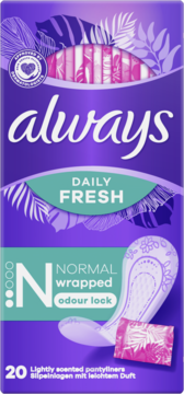 Fioletowe opakowanie wkładek Always Daily Fresh Normal, 20 sztuk. Widok frontowy: rozłożona wkładka, napis „odour lock”, zielone akcenty.