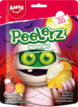 Amos Peelerz Mummies, opakowanie żelków. Kolorowa grafika mumii obierającej owocowego żelka, fioletowe tło, księżyc.