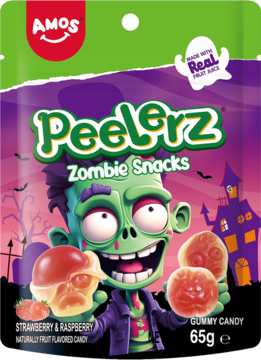 Amos Peelerz Zombie Snacks 65g, zielono-fioletowa torebka żelek z zombie, truskawka i malina. Widok z przodu.
