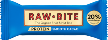 Niebieski baton proteinowy RAWBITE Smooth Cacao BIO, organiczny, z napisem Protein i 20%, widok z przodu.