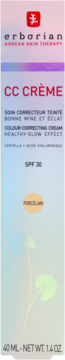 Erborian CC Crème Porcelain SPF 30, korygujący krem z efektem zdrowego blasku, w pionowym pudełku.