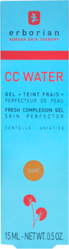 Erborian CC Water Fresh Complexion Gel Skin Perfector, odcień Dore. Niebieskie pudełko z czerwonym logo i tekstem.
