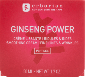 Erborian Ginseng Power Smoothing Cream 50ml, czerwone opakowanie z białymi napisami o peptydach i zmarszczkach, widok z przodu.