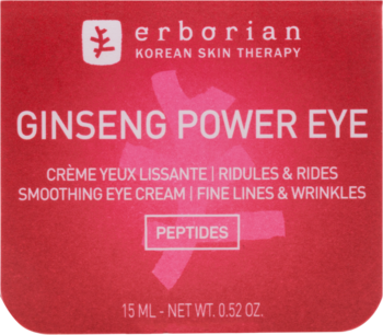 Czerwony sachet Erborian Ginseng Power Eye Cream dla skóry pod oczami z peptydami, na zmarszczki. Widok z przodu.