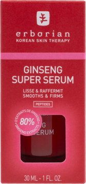 Erborian Ginseng Super Serum, czerwone pudełko z okienkiem. Widoczna butelka 30ml. Wygładza i ujędrnia skórę.