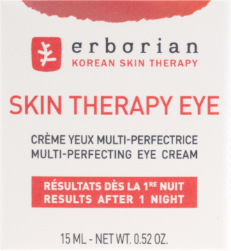 Biało-czerwone pudełko Erborian Skin Therapy Eye, krem multi-perfecting pod oczy, z obietnicą efektów po 1 nocy.