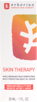 Białe pudełko Erborian Skin Therapy Multi-Perfecting Night Oil-Serum z kolorową grafiką i tekstem, widok z przodu.