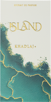 Pionowe opakowanie ekstraktu perfum unisex Khadlaj Island. Złote napisy, turkusowo-złote, tropikalne wzory.