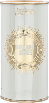 Białe opakowanie Jean Paul Gaultier Gaultier Divine Eau de Parfum, złoty, promienisty medalion i napisy.