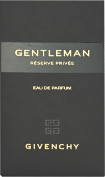 Czarne, pionowe pudełko wody perfumowanej Givenchy Gentleman Réserve Privée dla mężczyzn, złote napisy, widok z przodu.