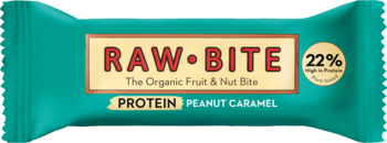 Baton proteinowy RAWBITE Peanut Caramel BIO w turkusowym opakowaniu, widok z przodu, z napisem i 22% białka.