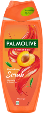 Widok z przodu pomarańczowej butelki Palmolive Thermal Spa Revitalising Scrub z mirabelką i zieloną herbatą.