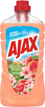Płyn uniwersalny Ajax Fête des Fleurs Kwiat Brzoskwini, przezroczysta butelka z grafiką brzoskwiń, widok z przodu.