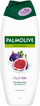 Biała butelka Palmolive Naturals Fig & Milk Shower Cream, z zieloną nakrętką, nowość: śródziemnomorski zapach figowy.