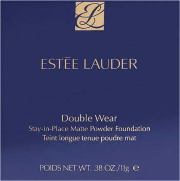 Granatowe pudełko Estee Lauder Double Wear Stay-in-Place Matte Powder Foundation, widok z przodu.
