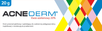 Biały krem Acne-Derm z kwasem azelainowym 20%, 20g, w kartoniku z kolorowym, geometrycznym wzorem, widok z przodu.