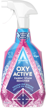 Astonish Oxy Active Fabric Stain Remover, spray, różowo-niebieska butelka z białym spryskiwaczem, widok z przodu.