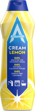 Astonish Cream Cleaner Lemon w żółtej butelce z niebieską etykietą, widok z przodu. Zawiera 100% naturalnej mocy czyszczenia.