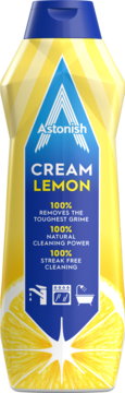 Astonish Cream Lemon mleczko do czyszczenia w żółtej butelce z niebieską etykietą i motywem cytryny, widok z przodu.