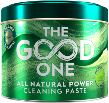 The Good One All Natural Power Cleaning Paste w zielonej, metalowej puszce, widok z przodu, z napisem No Plastic.
