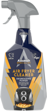 Astonish Specialist Air Fryer Cleaner w niebieskim sprayu, z napisem Degreasing Power i ilustracją air fryera z frytkami.