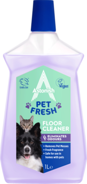 Astonish Pet Fresh Floor Cleaner 1L, lawendowa butelka, etykieta z psem i kotem, usuwa zabrudzenia i zapachy.