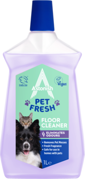 Astonish Pet Fresh Płyn do podłóg 1L, lawendowa butelka z zieloną etykietą, wizerunki psa i kota, widok z przodu.