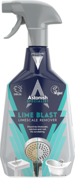 Astonish Lime Blast odkamieniacz w ciemnoniebieskim sprayu, widok z przodu, ilustracja czystej i brudnej słuchawki.