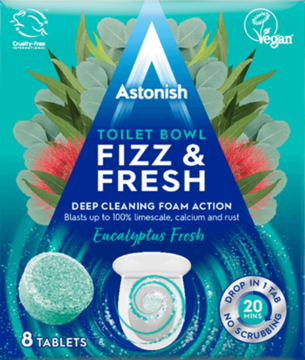 Astonish Toilet Bowl Fizz & Fresh tabletki czyszczące do WC, turkusowe opakowanie z grafiką eukaliptusa.