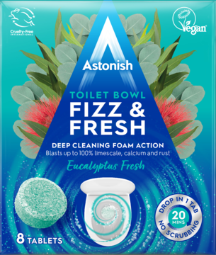 Astonish Fizz & Fresh Eucalyptus toilet cleaning tablets. Blue-green pack, green tablet & toilet graphic, front view.