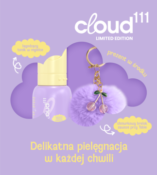 cloud 111 edycja limitowana: fioletowa mgiełka do delikatnej pielęgnacji i puszysty brelok z wisienkami.