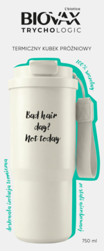 Kremowy termos próżniowy Biovax Trychologic 750ml, napis 'Bad hair day? Not today', widok z przodu.