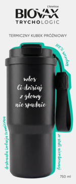 Czarny kubek termiczny Biovax Trychologic 750ml, 100% szczelny, ze stali nierdzewnej. Z napisem o włosach.