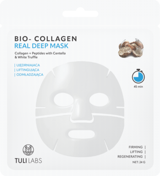 Biała maska TUULI LABS BIO-COLLAGEN REAL DEEP, liftingująca z kolagenem i peptydami, na białym opakowaniu.