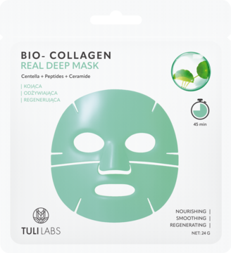 Biała saszetka BIO-COLLAGEN REAL DEEP MASK, z zieloną maską w płachcie, kolagenem i peptydami, widok przód.