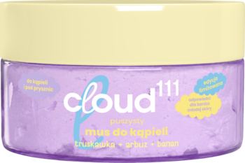 Cloud 111 puszysty mus do kąpieli truskawka-arbuz, fioletowy w przezroczystym słoiku z kremową nakrętką, od frontu.