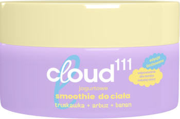 Cloud 111 jogurtowe smoothie do ciała truskawka arbuz banan, w liliowo-żółtym słoiku, z przodu.