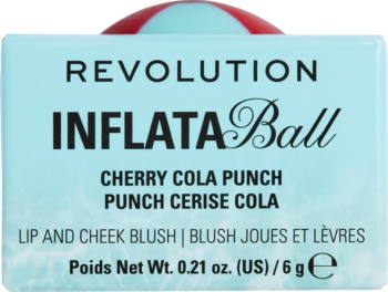 Przedni widok różu Revolution Inflata Ball Cherry Cola Punch, niebieskie opakowanie z kulkową nakładką.
