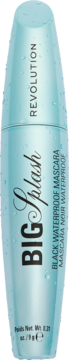 Revolution Big Splash Black Waterproof Mascara w aqua niebieskiej tubce z kroplami wody, widok z przodu.