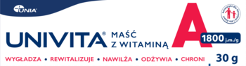 UNIVITA Maść z Witaminą A 1800 j.m./g, 30g. Biało-niebieskie opakowanie, duże czerwone A, wygładza i nawilża skórę.