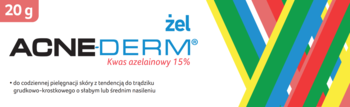 Front biały opakowania żelu ACNEDERM 20g z kwasem azelainowym 15% i kolorowymi paskami.