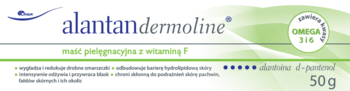 Białe opakowanie maści Alantan Dermoline z witaminą F, zielone akcenty, logo Omega 3/6, widok z przodu, 50g.