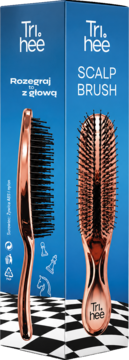 Tri.hee Scalp Brush w rose gold kolorze, widoczna z boku i z przodu na opakowaniu produktu.