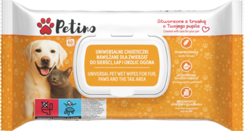 Pomarańczowe opakowanie chusteczek Petino do sierści, łap i ogona zwierząt. Grafika psa z kotem, widok z przodu.