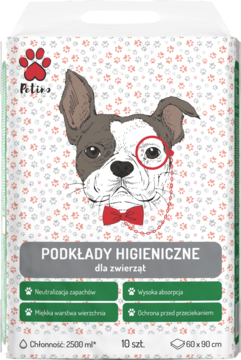 Opakowanie podkładów higienicznych Petino 60x90 cm, z psem w monoklu i muszce, widok z przodu.