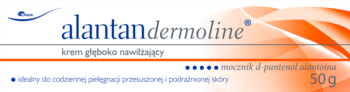 Alantan Dermoline, głęboko nawilżający krem 50g z mocznikiem, D-pantenolem i alantoiną, front biało-pomarańczowego pudełka.
