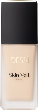 DESSI Skin Veil Foundation, podkład satynowy w przezroczystej butelce z czarną nakrętką, widok z przodu.