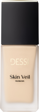 DESSI Skin Veil Foundation, nawilżający beżowy podkład o satynowym wykończeniu, w matowej butelce z czarną nakrętką.